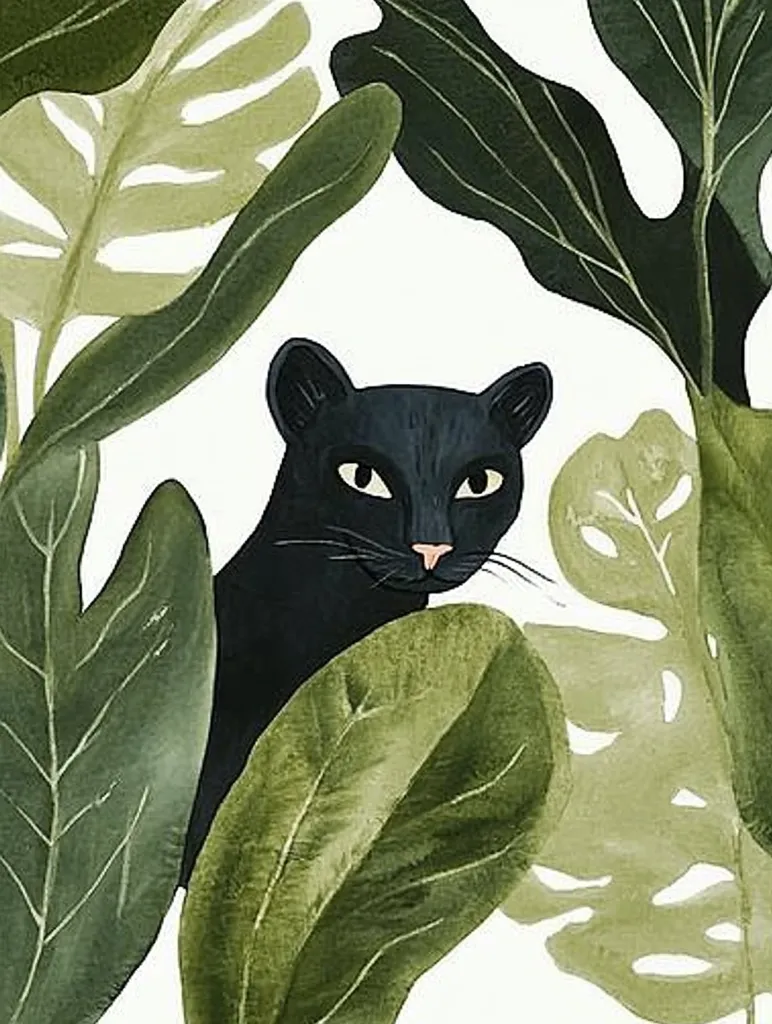 Here's a description of the image:

The illustration features a black cat partially hidden amidst large, lush tropical leaves. The cat's fur is a deep black, contrasting sharply with the varying shades of green in the foliage.  Its gaze is directed slightly off to the side, giving a sense of quiet observation. The leaves are rendered with a watercolor-like texture, showing a range of greens from deep olive to a lighter, almost yellowish-green. The overall style is clean and modern, with a focus on the interplay of the cat and the leaves. The white background further emphasizes the vibrant colors of the subject.