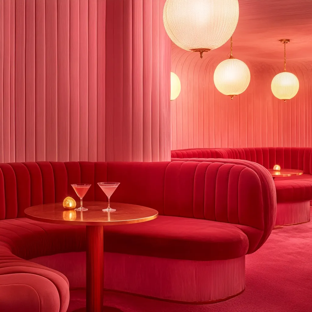 Here's a description of the image:

The photograph showcases a luxurious, dimly lit lounge area bathed in varying shades of pink.  A curved, plush red velvet banquette dominates the foreground, featuring channel tufting and a rounded design.  A small, round copper-topped table sits in front, holding two cocktail glasses.  Soft, orb-shaped pendant lights hang from the ceiling, casting a warm glow on the ribbed pink walls. The overall atmosphere evokes a retro, sophisticated and intimate setting, suggestive of a high-end cocktail bar or lounge.