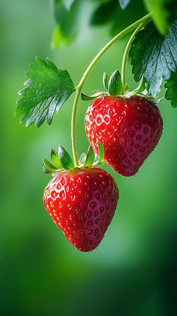 Here's a description of the image:

Two ripe, red strawberries hang from a vibrant green strawberry plant against a blurred green background.  The strawberries are plump and glistening, their surfaces dotted with tiny seeds.  The leaves of the plant are deeply serrated and a bright, healthy green. The focus is sharp on the strawberries, creating a contrast with the soft, out-of-focus background. The overall image is bright, fresh, and evokes a sense of summer and natural abundance.