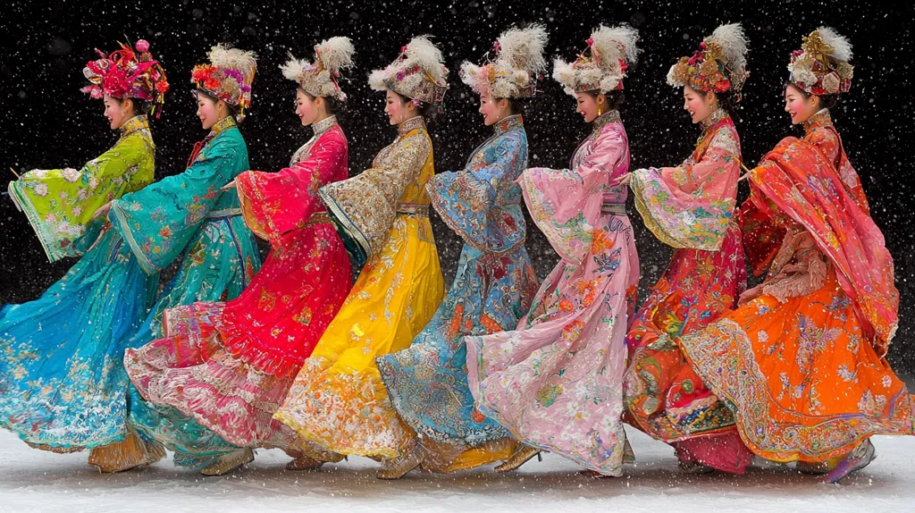 Seven women in vibrant, ornate Chinese dresses glide across a snowy surface.  Their elaborate headdresses and richly embroidered gowns in shades of turquoise, red, yellow, pink, and orange create a striking visual spectacle.  Snow softly falls, adding a touch of magic to the scene as the women appear to be performing a graceful dance or procession. The image captures the beauty of traditional Chinese clothing and a moment of elegance.