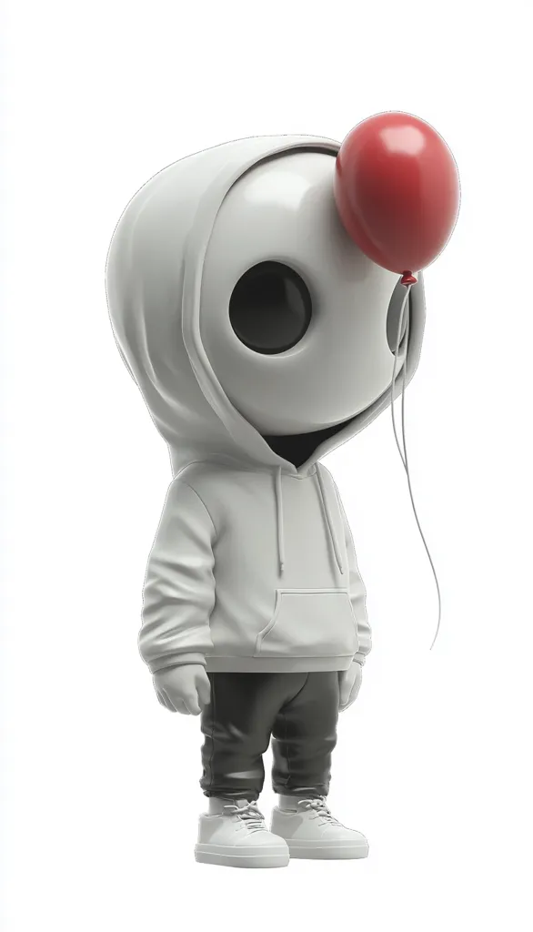 Here's a description of the image:

The image shows a 3D-rendered figure, resembling a stylized cartoon character.  It's a small, humanoid figure with a large, smooth head, large dark eyes, and a simplistic facial structure.  The figure wears a large, light grey hoodie pulled over its head, dark grey pants, and white sneakers. A single, small, red balloon is attached to the top of its head, adding a touch of unexpected color. The overall style is minimalist and somewhat melancholic. The character stands against a plain white background.