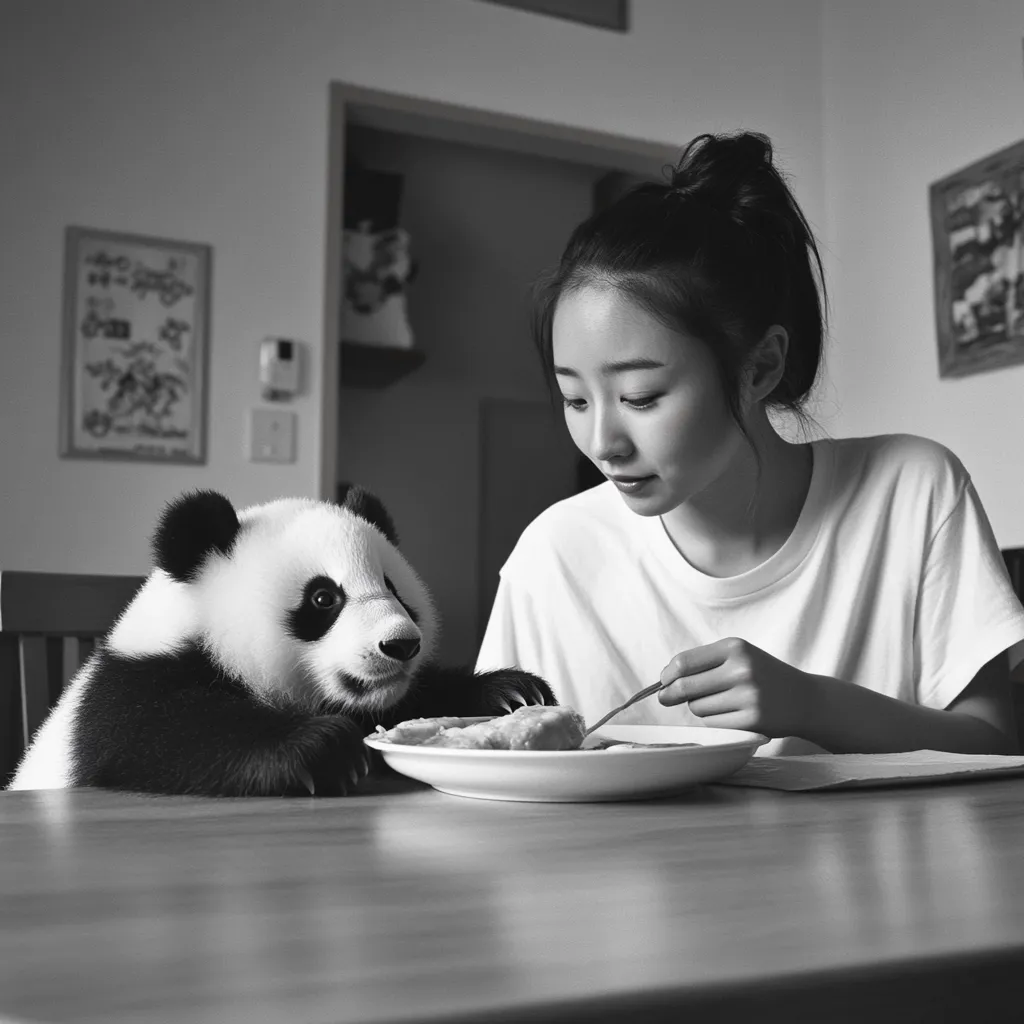 Here's a description of the image:

A black and white photograph shows a young woman seated at a wooden table with a baby panda.  The woman, with her hair in a bun, wears a simple white t-shirt and is looking attentively at the panda who sits across from her, paws resting on the edge of a plate containing food. The woman holds a fork, seemingly ready to feed or share the meal. The scene is domestic and intimate, suggesting a connection between the woman and the animal.  The background is softly blurred, showing a home interior with framed pictures on the wall. The overall mood is serene and peaceful.