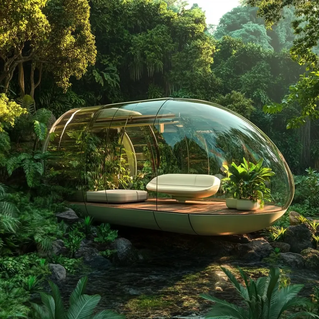 A futuristic, transparent capsule-shaped structure sits nestled within a lush, tropical forest.  The capsule, with a wooden interior floor, contains a white sofa and ottoman.  Lush greenery is both inside and outside the structure, creating a tranquil and secluded space.  A small stream flows gently near the base of the capsule, further enhancing the serene, natural setting. The overall image evokes a feeling of eco-friendly luxury and escapism.