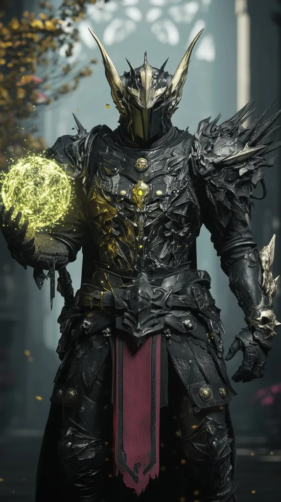 The image shows a figure in elaborate dark armor, adorned with gold accents and sharp, angular designs.  A large, ornate helmet with upward curving horns obscures the face. The armor is intricately detailed, appearing both heavy and mobile.  The figure holds a glowing, yellow orb of energy in one hand, suggesting magical or mystical abilities. The overall aesthetic is dark fantasy, possibly from a video game or digital artwork.  The background is blurred, focusing attention on the armored figure.