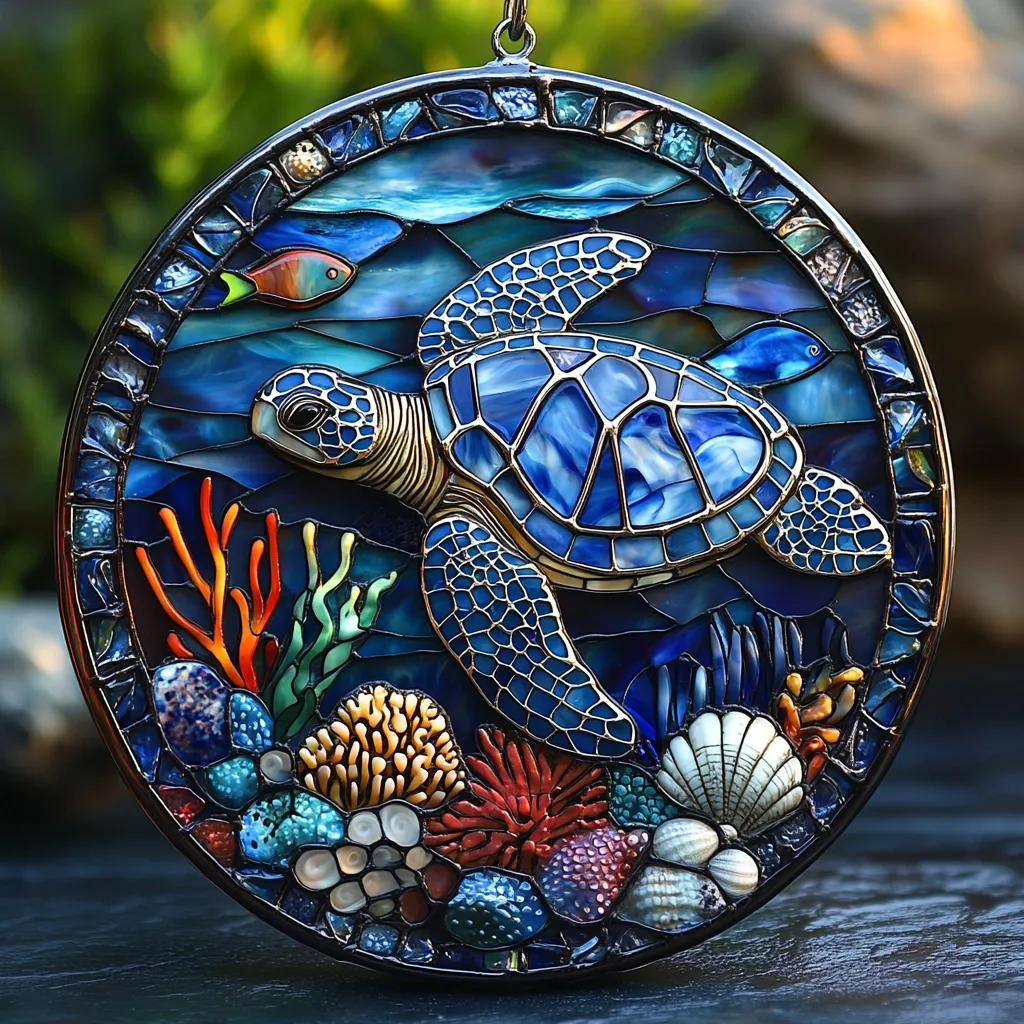 Here's a description of the image:

A stunning circular stained-glass piece depicts a sea turtle swimming amidst vibrant coral and shells. The turtle, rendered in shades of blue and accented with gold, is the focal point, its detailed shell and flippers meticulously crafted.  Surrounding it is a flourishing underwater scene, with coral in various colors, seashells, and a small fish adding to the richness of the design. The piece is framed by a dark metal border, suggesting it's a hanging ornament or window decoration.  The overall effect is one of intricate detail and vibrant oceanic beauty.