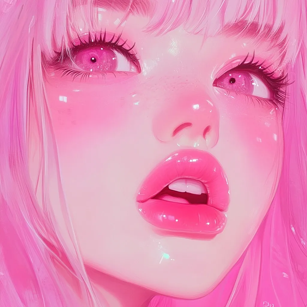 The image is a close-up digital painting of a young woman's face.  She has long, pink hair, large pink eyes with noticeable eyelashes, and full, glossy pink lips slightly parted.  Her skin is rendered with a smooth, almost ethereal quality, featuring delicate pink blush and subtle highlights.  The overall aesthetic is soft, dreamy, and highly saturated in shades of pink, creating a visually appealing and almost candy-like effect. The style is reminiscent of anime or digital art with a focus on a cute and appealing aesthetic.
