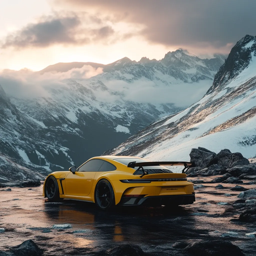 A vibrant yellow Porsche 911 GT3 RS is parked near a glacial stream, its reflection shimmering on the water.  The backdrop is a breathtaking, snow-capped mountain range at sunset, casting a warm, dramatic light on the scene. The car's sleek design contrasts beautifully with the rugged, natural landscape, emphasizing its power and elegance in a majestic setting. The overall mood is one of adventure and high-performance luxury.