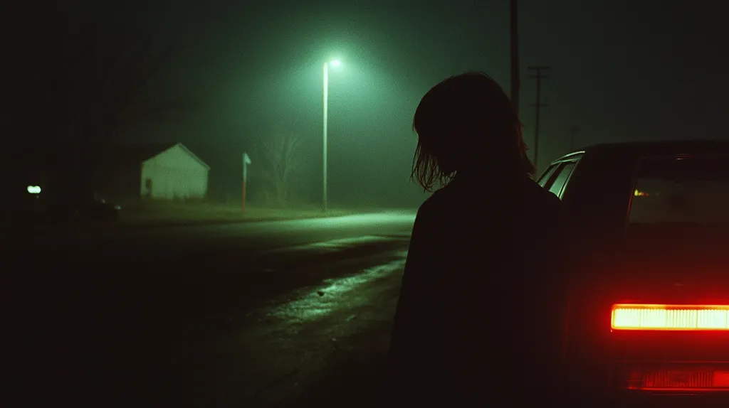 Here is a description of the image in 100 words:

The photograph is a nocturnal scene bathed in a muted green light emanating from a distant streetlamp.  A silhouetted figure, a woman with shoulder-length hair, stands beside a dark car, her back to the viewer. The car's taillights glow faintly. In the background, a small, pale building is barely visible in the foggy night. The overall atmosphere is one of mystery and solitude, emphasized by the low light and hazy conditions. The contrast between the dark figure and the pale building, the green light and the red taillights creates a visually striking and somewhat melancholic image.