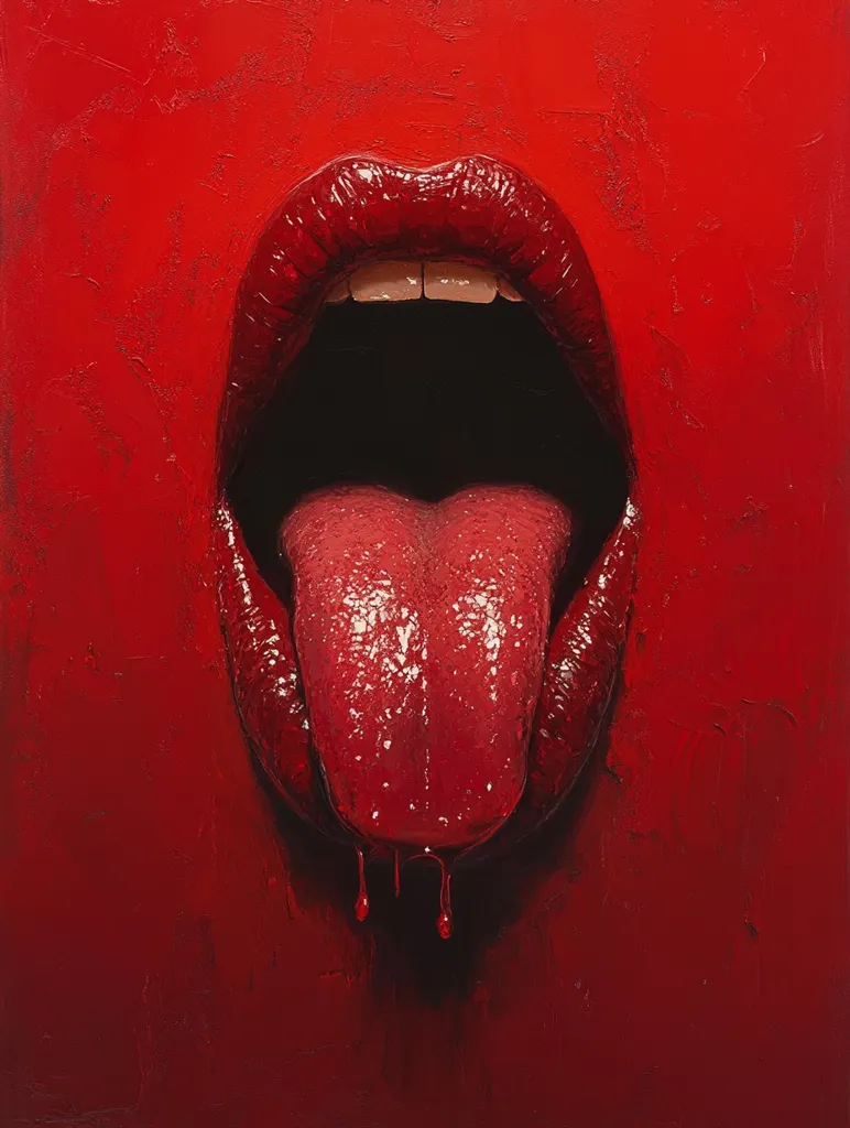 A close-up image showcases a vividly painted open mouth, with intensely red lips and a tongue extending outwards, dripping crimson.  The style is hyperrealistic, emphasizing texture with thick, impasto brushstrokes, creating a visceral sense of the subject.  The overall effect is striking and slightly unsettling, drawing attention to the boldness of the color and the detail of the mouth. The red background complements the focal point, further enhancing its intensity.