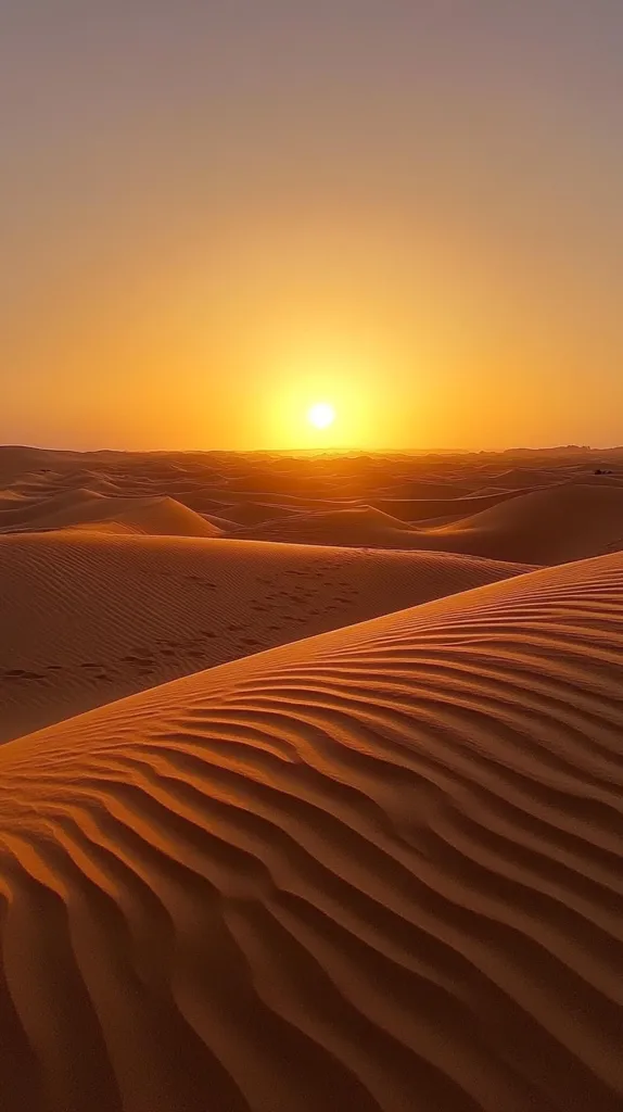 Here is a description of the image:

A breathtaking sunset casts a warm, golden hue across a vast, undulating desert landscape.  The sun, a bright orb near the horizon, bathes the sand dunes in a rich, orange light.  The sand itself is textured with smooth, flowing lines, showing the patterns created by wind. Footprints are visible on some of the dunes, suggesting a recent passage. The overall impression is one of immense scale, tranquility, and the raw beauty of the natural world.