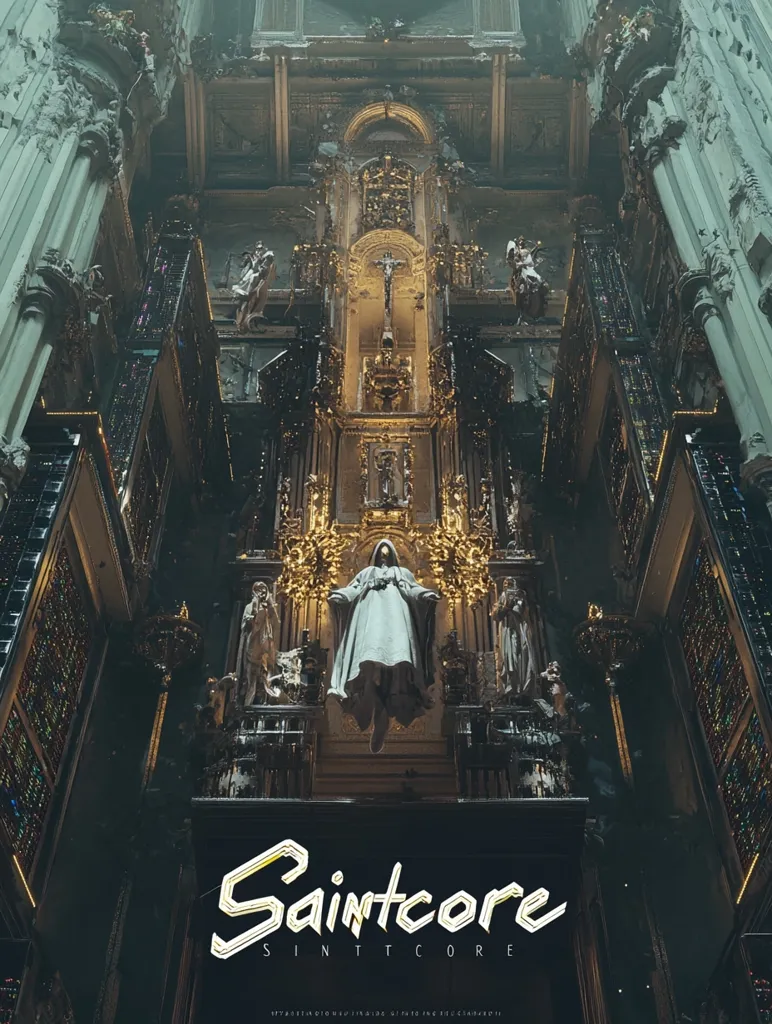 The image showcases a dramatic, stylized rendering of a church interior.  A central, ornate altar features a hovering robed figure, flanked by statues.  The architecture is a blend of baroque grandeur and decaying, futuristic elements.  Dark, muted tones contrast with golden accents, creating a sense of both opulence and ruin.  The title "Saintcore" is prominently displayed, suggesting a thematic blend of religious imagery and a possibly dystopian or cyberpunk aesthetic.  The overall mood is one of awe, mystery, and a hint of unease.