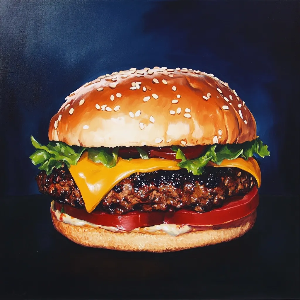 Here is a description of the image:

A close-up, eye-level painting showcases a juicy cheeseburger against a deep blue backdrop. The sesame seed bun is golden brown, cradling a thick, grilled beef patty, melted cheddar cheese, crisp lettuce, and a ripe tomato slice.  The artist uses vibrant colors and meticulous detail to highlight the textures of the ingredients, making the burger appear incredibly appetizing. The dark background provides a strong contrast, drawing attention to the burger's rich colors and textures. The painting style is realistic, almost hyperrealistic, in its portrayal of the food.
