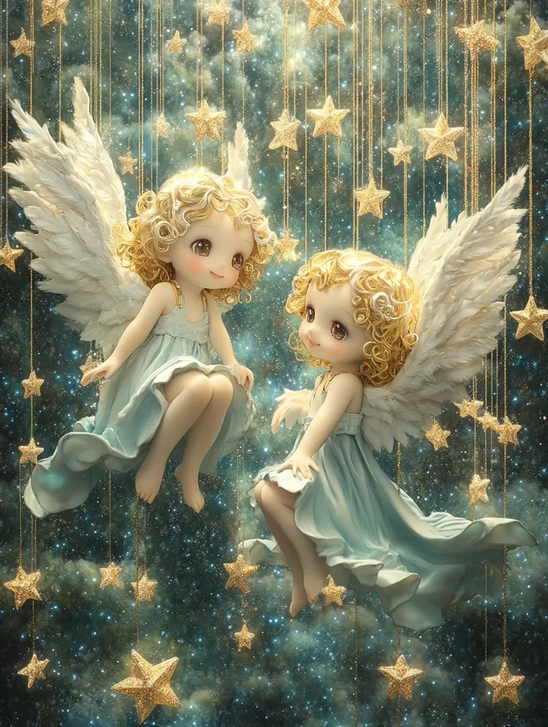 Two cherubic, blonde-haired angels with large, expressive eyes and delicate, pale blue dresses float amidst a celestial backdrop.  Their large, white wings are elegantly positioned.  They're surrounded by a shower of glittering gold stars hanging on thin golden strings against a dark teal, starry sky. The overall aesthetic is whimsical, dreamy, and ethereal.