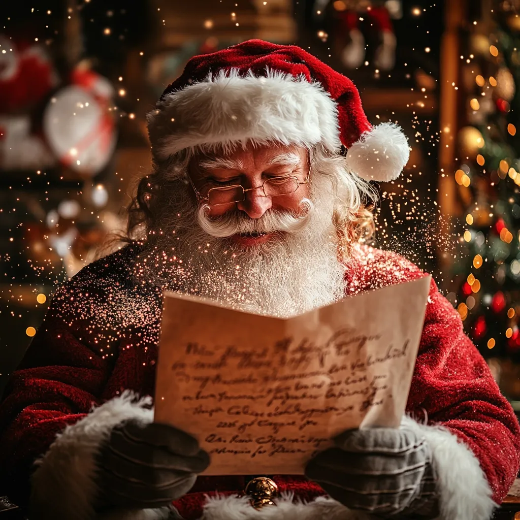 Santa Claus, in his traditional red suit and hat, sits warmly lit, reading a child's letter.  His long white beard is dusted with magical golden sparkles. The letter, appearing aged and handwritten, rests in his gloved hands.  A blurry, out-of-focus background suggests a cozy Christmas setting with twinkling lights and a decorated tree. The scene is magical and evokes the spirit of Christmas.