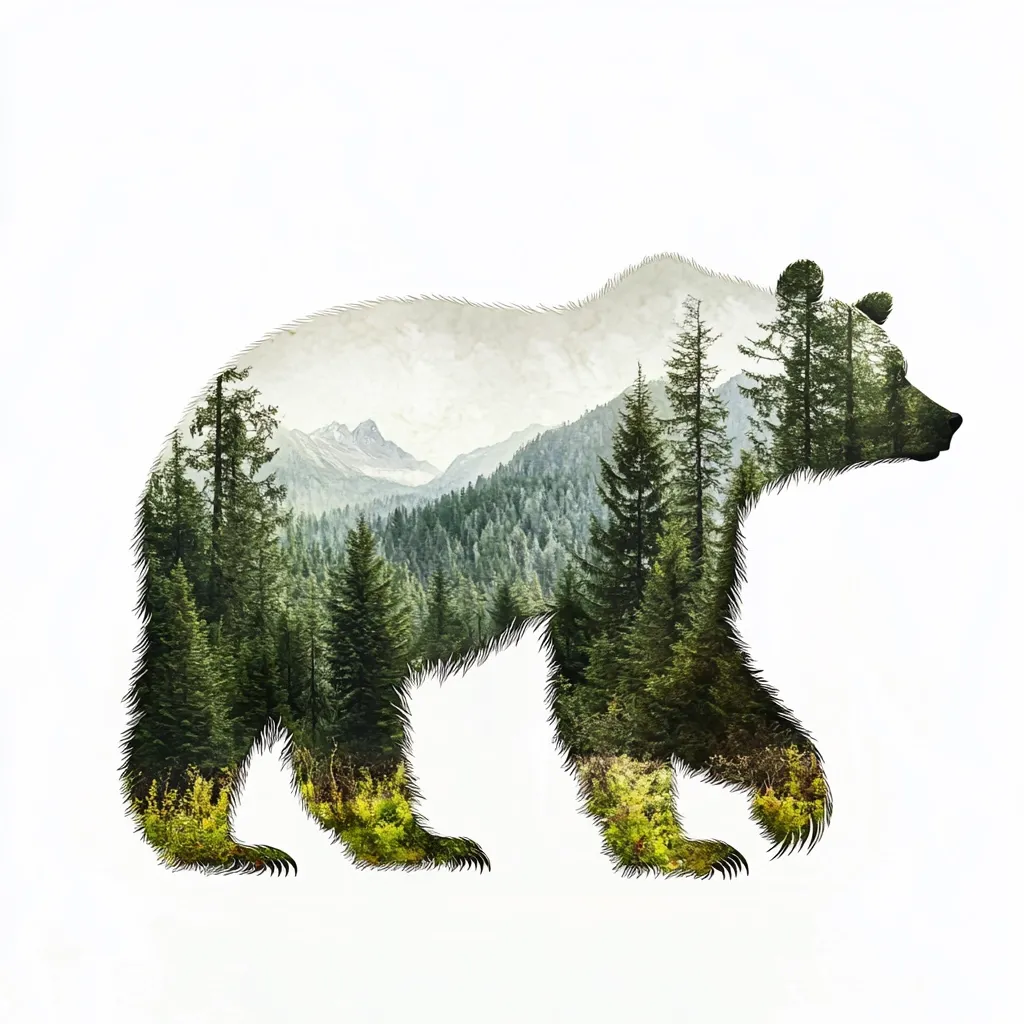 Here's a description of the image:

The image is a double exposure photograph or digital composite showing the silhouette of a brown bear overlaid with a lush forest scene.  The bear's outline is subtly textured, mimicking fur.  Inside the bear's form, a mountainous landscape filled with evergreen trees and hints of wildflowers in the foreground is visible. The mountains are hazy in the distance, suggesting depth. The overall effect is serene and blends the animal seamlessly with its natural habitat.  The background is a plain white.