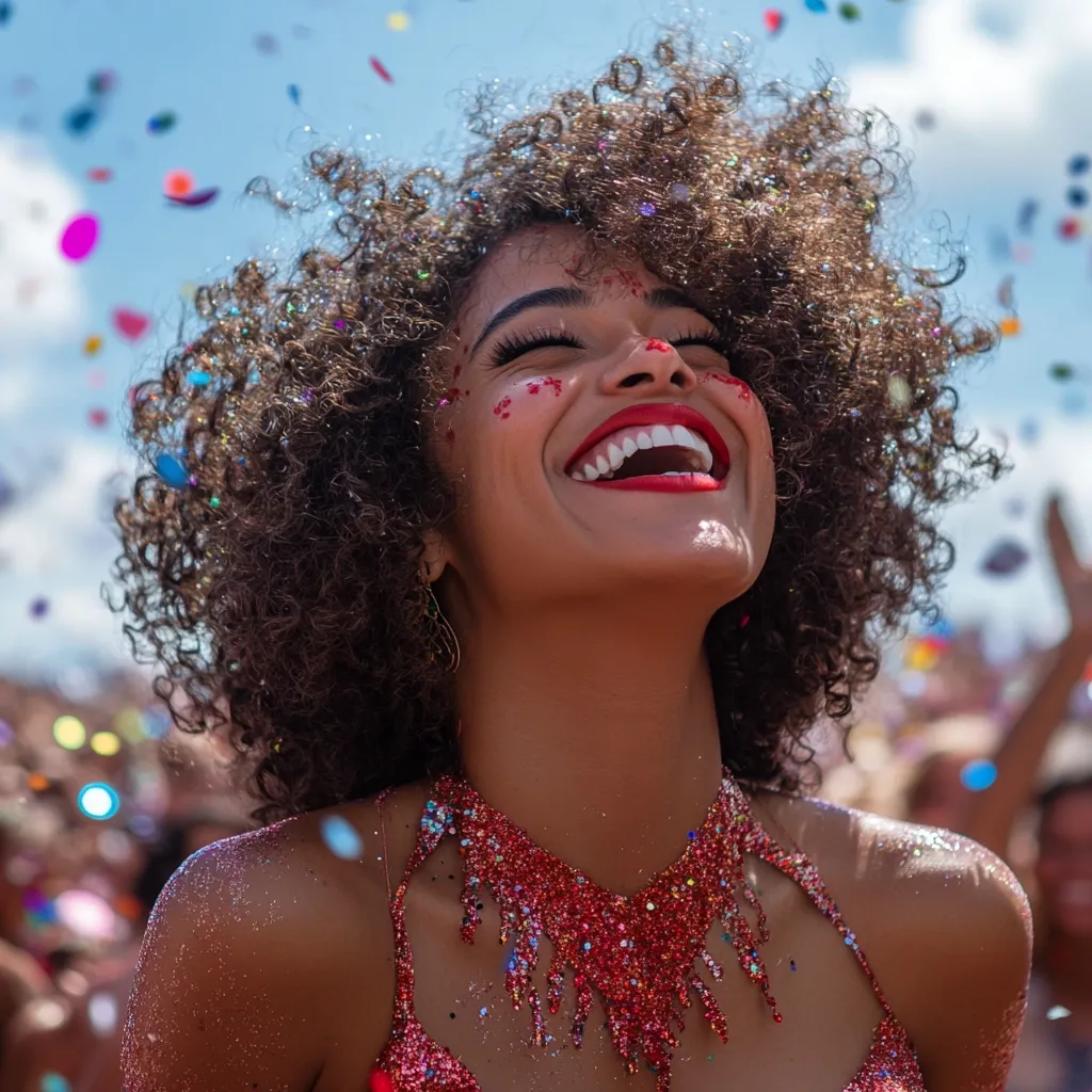 A young woman with a large, joyful afro smiles radiantly as colorful confetti rains down around her.  She's adorned with red glitter on her face and a dripping, red glitter necklace.  Her expression is one of pure happiness, captured amidst a blurred background suggesting a lively, celebratory crowd. The overall image is vibrant and energetic, capturing the feeling of festive joy.
