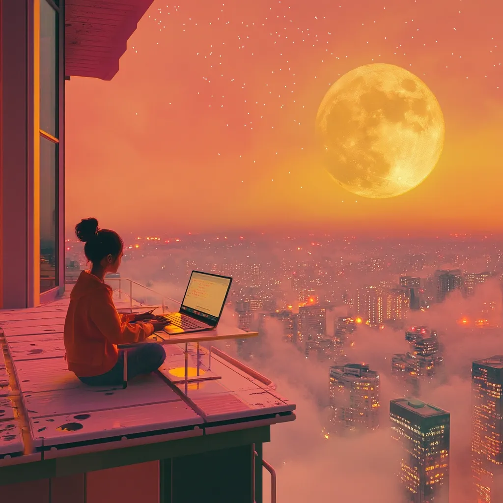 A young woman sits cross-legged on a rooftop, working on a laptop.  The setting sun casts an orange glow across a vast, misty city sprawling beneath her. A large, full moon hangs in the sky, adding to the surreal, dreamlike atmosphere.  The scene evokes feelings of solitude, peace, and creative inspiration in a breathtaking urban landscape.