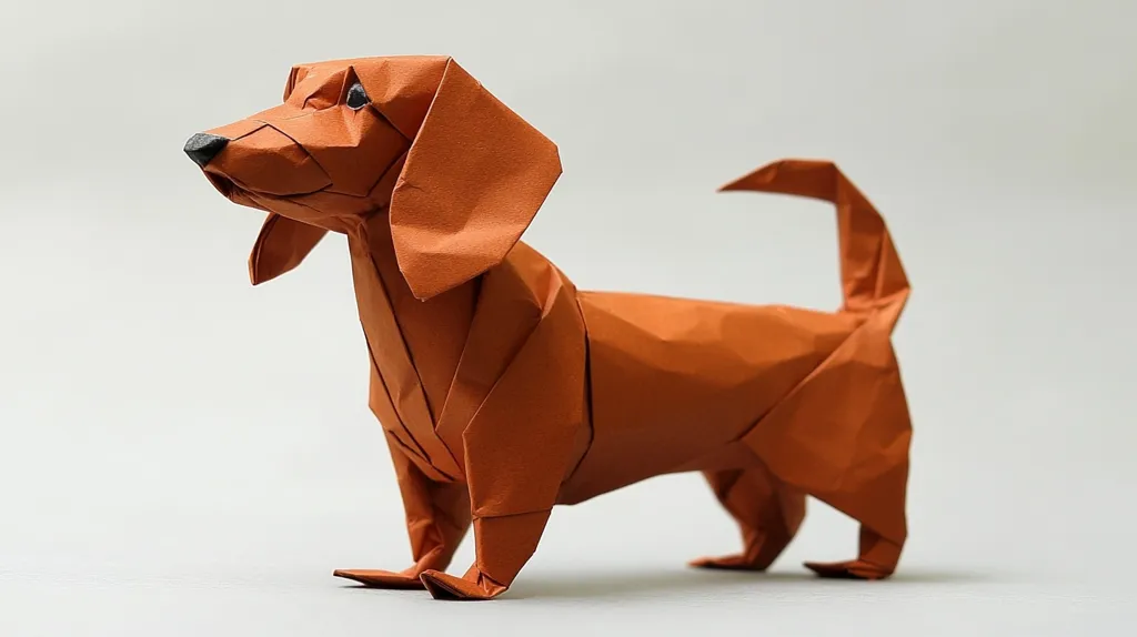 Here's a description of the image:

The image shows a meticulously crafted origami dachshund.  The model is a rich, burnt orange color and is posed standing, its head slightly turned.  The folds are sharp and precise, creating a realistic representation of the dog's form, including its floppy ears, long body, and short legs.  The small, dark details of the eyes and nose add to the realism. The background is a plain, light grey, ensuring the focus remains on the intricate origami creation.