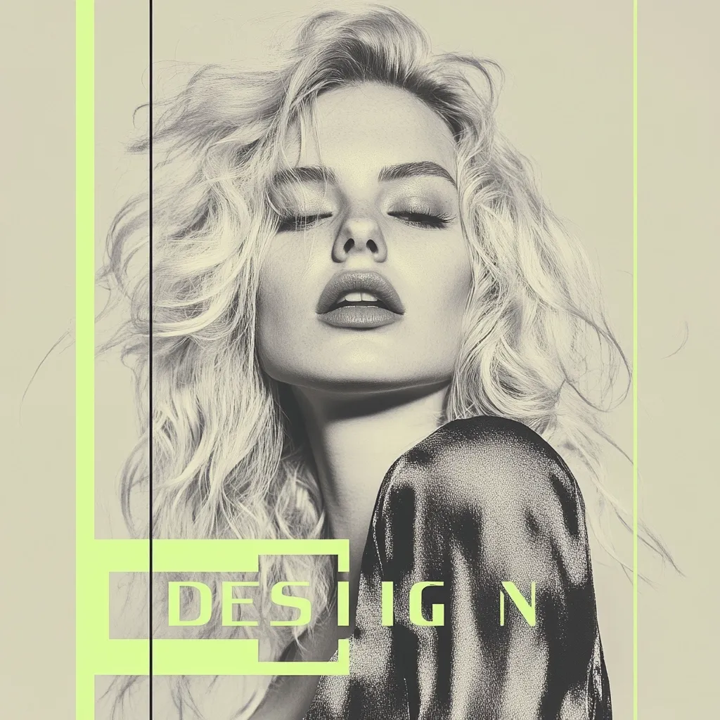 Here's a description of the image:

The image is a monochromatic, stylized portrait of a woman with long, wavy blonde hair.  Her eyes are closed, and she has a serene expression.  She's wearing a dark, silky garment that drapes over her shoulders. The overall aesthetic is fashion-oriented, with a hint of vintage feel.  A light green box overlaid on the image contains the word "DESIGN" in a sans-serif font.  The composition uses sharp lines and contrast to create a modern and graphic look.