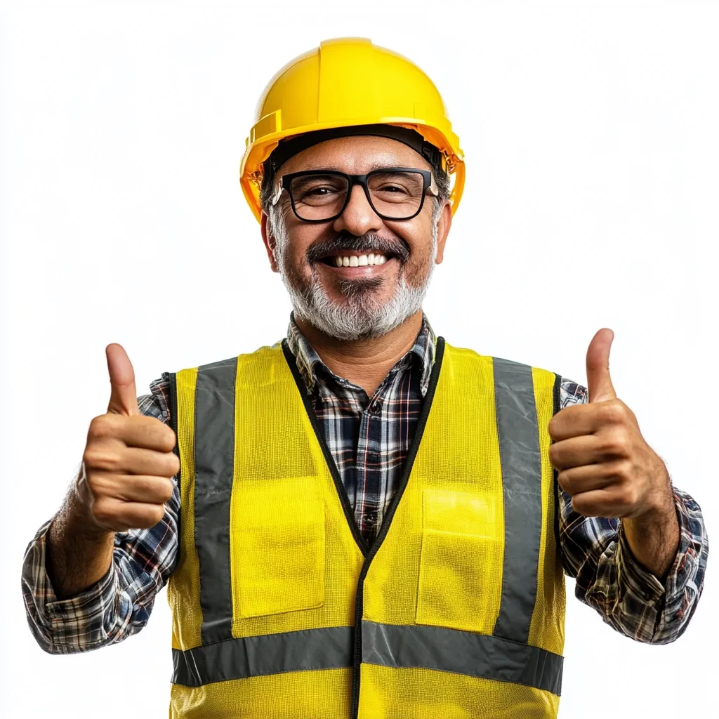 A smiling, middle-aged man with glasses and a beard wears a yellow hard hat and safety vest.  He gives a thumbs-up with both hands, conveying approval or success. His plaid shirt is visible beneath the vest. The background is plain white, focusing attention on the man's positive expression and construction worker attire.  He appears confident and pleased.