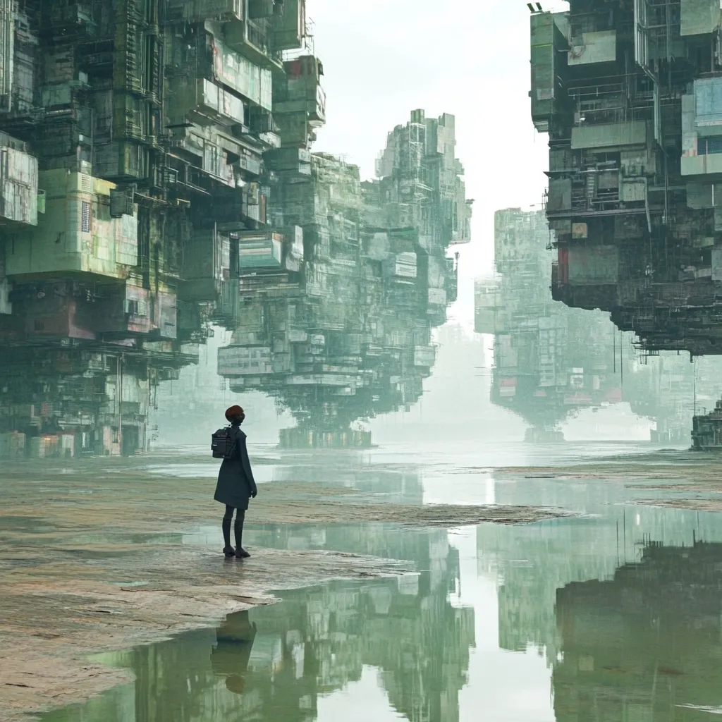A solitary figure, a young woman with a backpack, stands on a flat, muddy shore, gazing at two colossal, inverted structures that resemble futuristic, decaying cities.  These massive, layered edifices loom over a calm, reflective body of water, mirroring their forms.  The overall atmosphere is one of quiet desolation and mystery, set against a muted, misty sky. The scene evokes a post-apocalyptic or dystopian future.