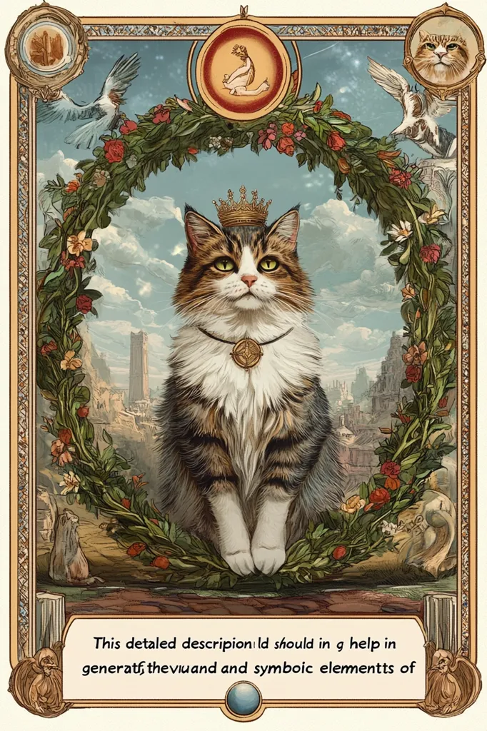 Here's a description of the image:

The image is a richly detailed, ornate illustration featuring a calico cat crowned and adorned with a pendant, seated regally at the center.  It's framed by a lush floral wreath, against a backdrop of a crumbling cityscape and a partly cloudy sky.  Small birds and other creatures are depicted in the corners and around the frame, adding to the whimsical, almost fairytale-like atmosphere. The style suggests a blend of medieval and fantasy elements.  The overall effect is one of majestic serenity and subtle symbolism.