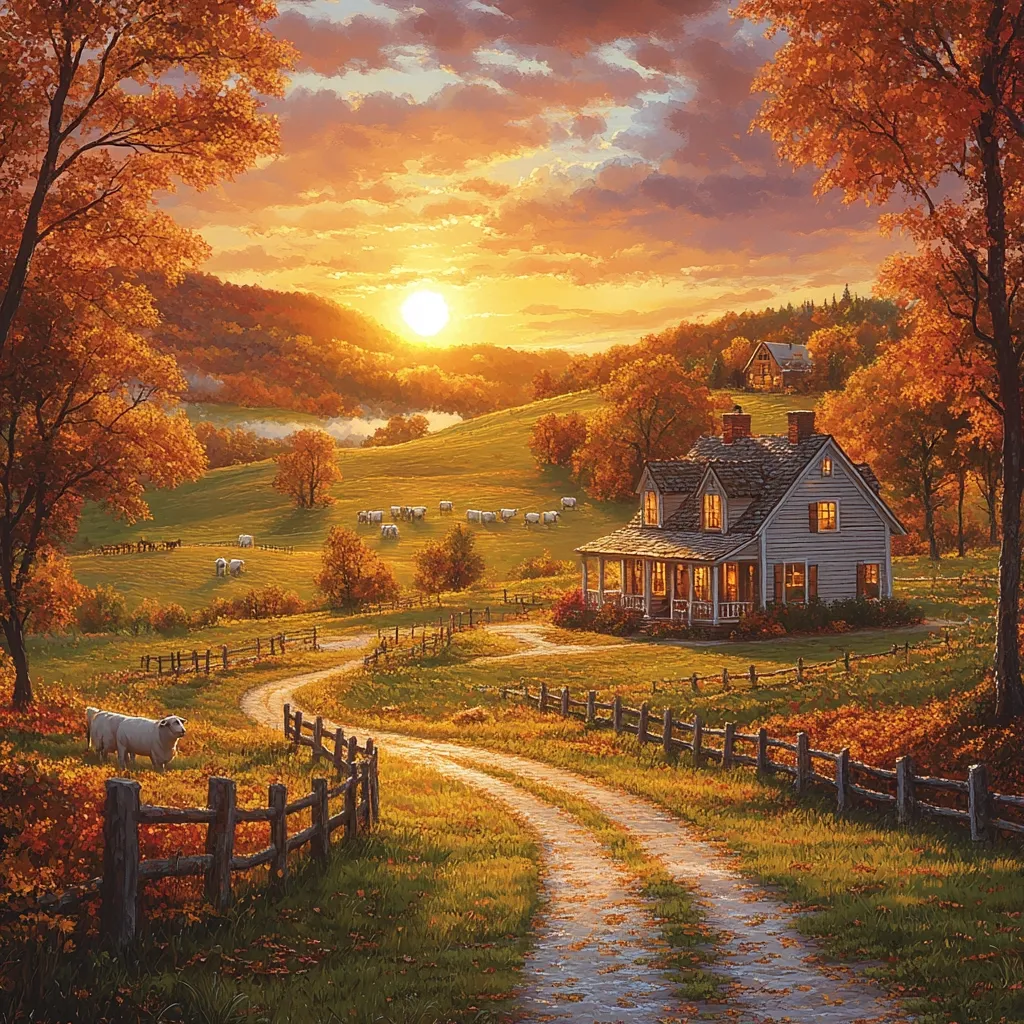 A picturesque autumn scene unfolds at sunset. A winding dirt road leads to a charming white farmhouse nestled in a rolling hillside pasture.  Sheep graze peacefully in the golden light.  Vibrant orange and red leaves adorn the trees, enhancing the warm hues of the setting sun. Wooden fences line the road, adding to the rural charm.  A small, lone sheep stands near the fence in the foreground.  A smaller cabin is visible in the distance, completing the idyllic country setting.