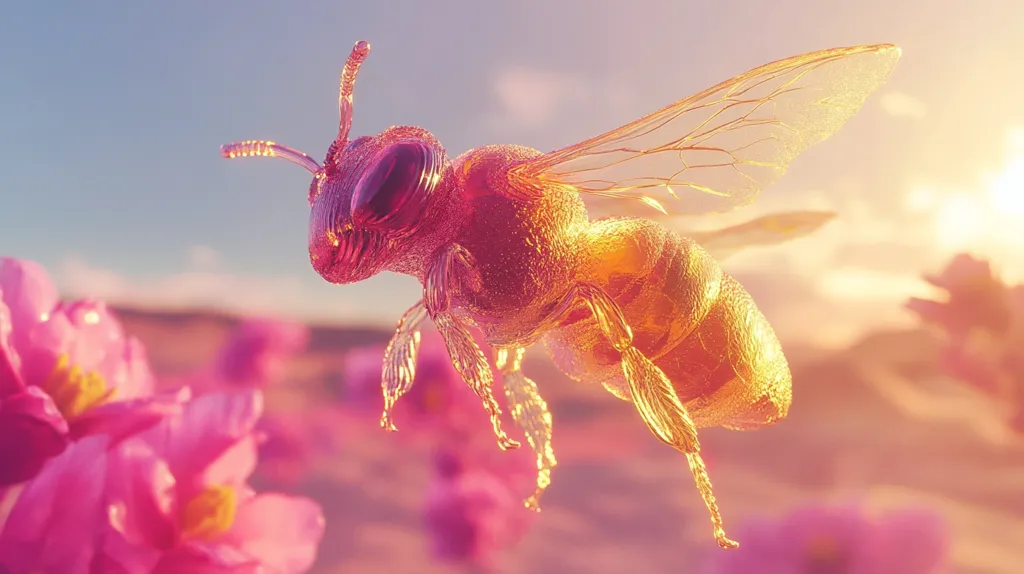 A digitally rendered honeybee, seemingly crafted from translucent amber or glass, is captured mid-flight. Its wings are delicately detailed, and its body shimmers with a warm, golden hue.  The bee is poised above a field of vibrant pink blossoms, bathed in the soft light of a setting or rising sun.  The overall scene is peaceful and ethereal, with a dreamy, almost surreal quality.