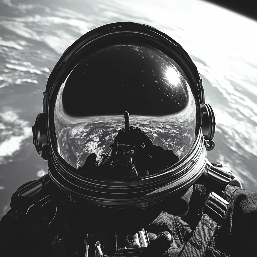 Here's a description of the image:

The black and white image shows a close-up view of an astronaut's helmet from the inside, looking out at Earth. The curved visor reflects a stunning, upside-down view of the planet, a swirling mix of clouds and landmasses. The sun's glare is visible at the top of the reflection.  The astronaut's body is partially obscured by the helmet and the shadows, suggesting they are seated or strapped in. The overall effect is one of isolation, wonder, and the vastness of space. The high contrast emphasizes the detail of both the helmet and the reflected Earth.