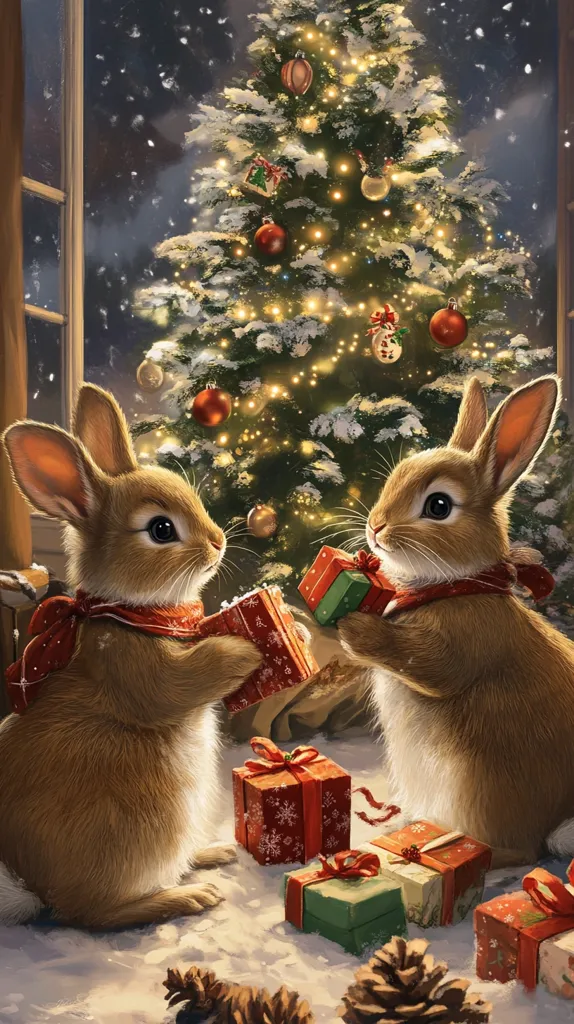 Here's a description of the image:

A whimsical Christmas scene unfolds, featuring two adorable brown rabbits nestled in a snowy setting before a brightly lit Christmas tree.  The rabbits, adorned with red scarves, exchange Christmas gifts, creating a heartwarming and festive atmosphere. The tree, laden with ornaments and twinkling lights, is the focal point, casting a warm glow on the snow-covered ground.  Several wrapped presents lie scattered around the rabbits, adding to the celebratory mood. The overall style is digitally painted, exhibiting a soft, charming aesthetic.