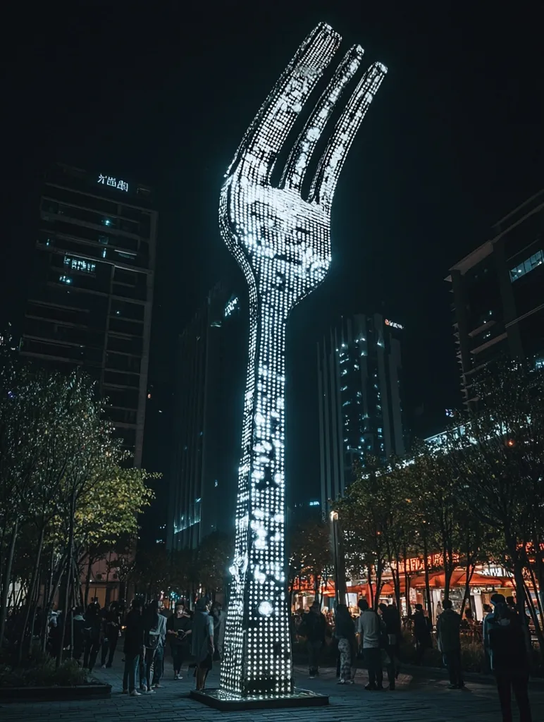 A large, illuminated sculpture of a fork stands tall at night, surrounded by modern city buildings and trees. The fork's design is intricate, appearing to be made of countless small lights. People stroll past in the background, adding a sense of scale and everyday life to the scene. The overall effect is one of striking contrast between the artistic centerpiece and the urban setting. The lighting creates a dramatic and visually arresting image.