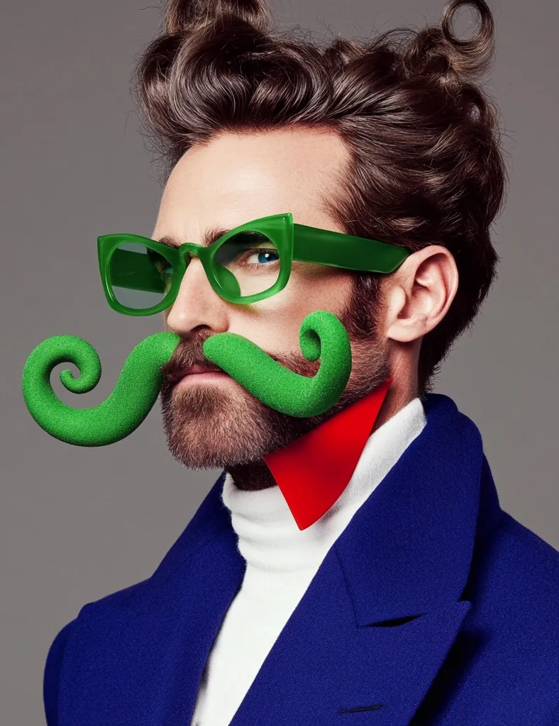 A stylish man with a voluminous, dark brown hairstyle is the focal point of this image. He sports bright green cat-eye glasses and a whimsical, lime green, curly mustache.  His attire consists of a crisp white turtleneck layered beneath a cobalt blue coat, accented by a striking red bow tie detail. The overall aesthetic is bold and playful, with a focus on vibrant color contrasts. The background is a muted gray, ensuring the subject remains the center of attention.