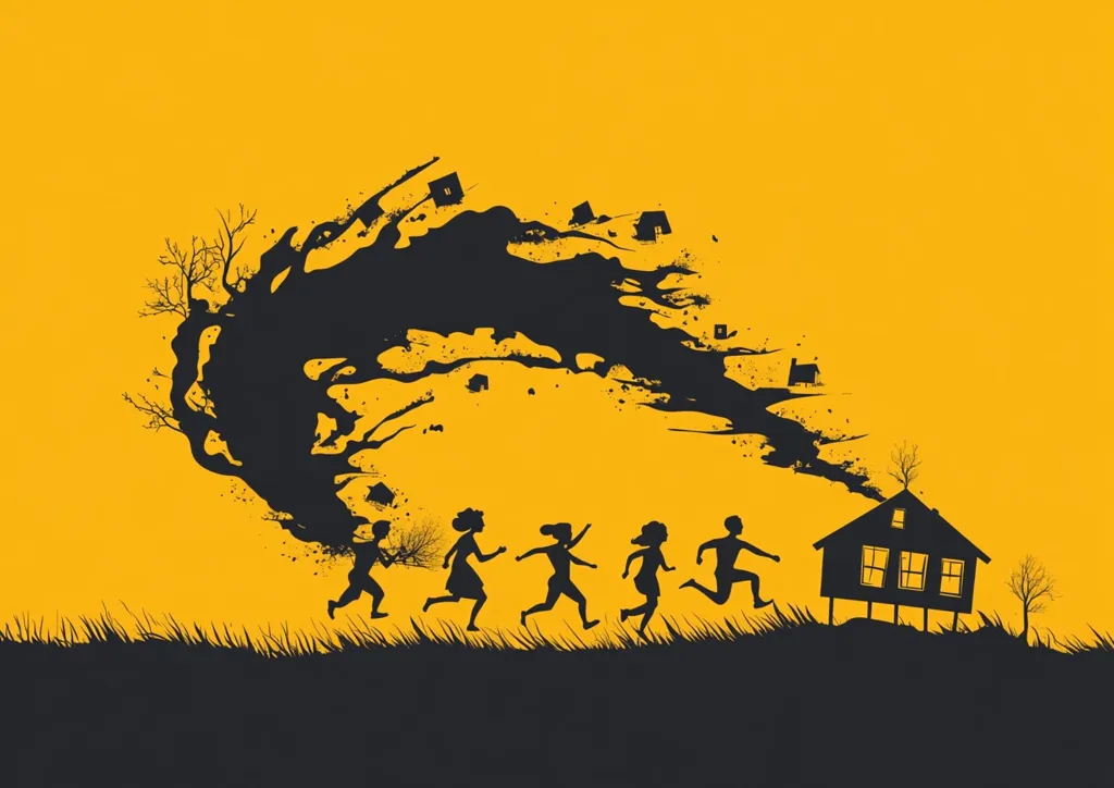 Against a vibrant yellow backdrop, a stylized black ink blotch sweeps across the scene, resembling a destructive force.  Small houses are depicted as being swept away within the blot.  Below, five black silhouette figures of children run away from the advancing dark mass, escaping towards a small house perched precariously on stilts. The overall style suggests a narrative of escape and impending disaster.  The contrast of the bright yellow and dark figures enhances the dramatic effect.