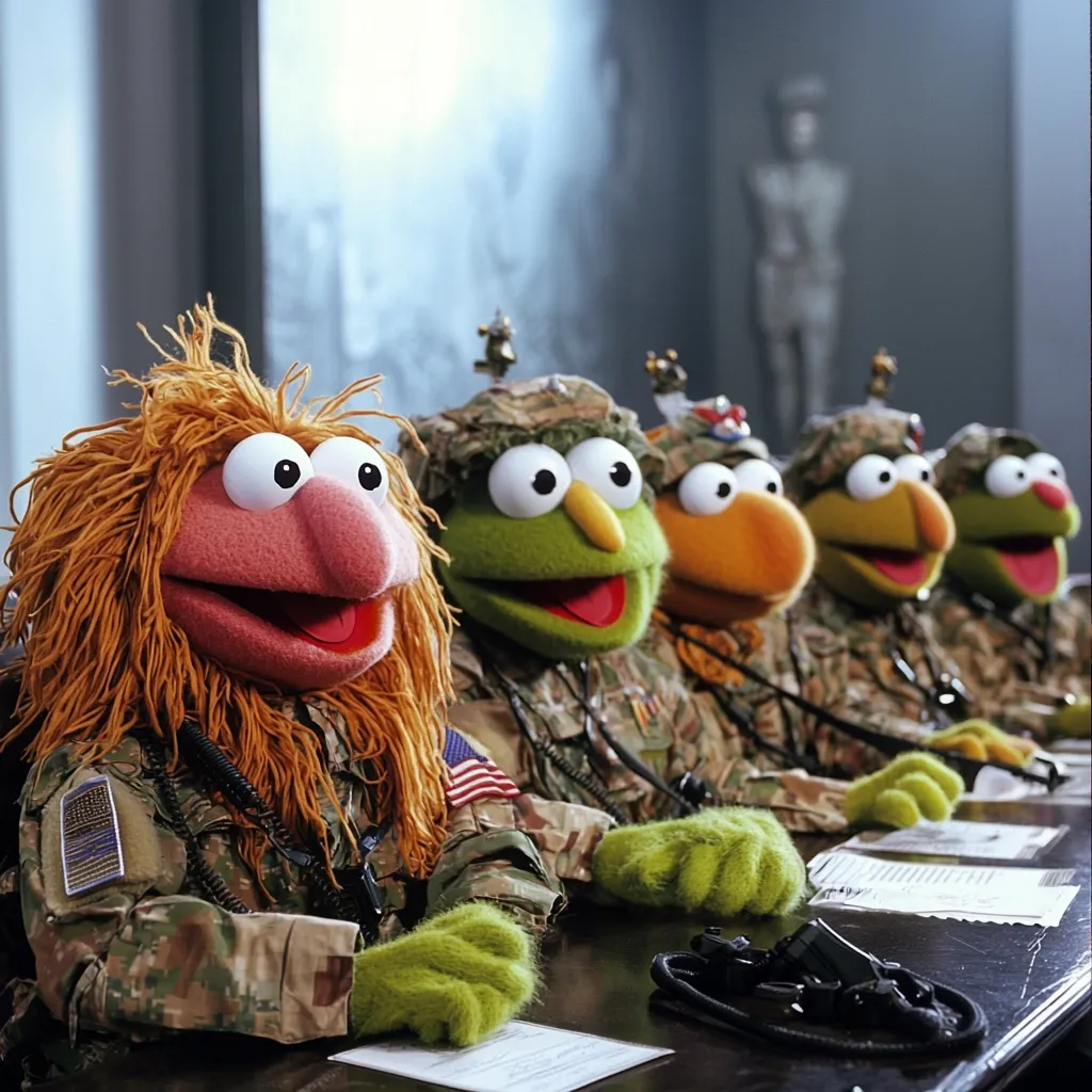 Here's a description of the image:

Five Muppet-like puppets, dressed in camouflage military uniforms, are seated at a table.  The puppet on the far left has long, orange hair and a pink face. The other four are green, orange, and olive green variations of a similar design, resembling frogs or birds. They appear to be in a serious setting, possibly a military briefing room, with a blurry background suggesting a formal interior.  The puppets are detailed, with realistic-looking eyes and expressions that convey a sense of attentiveness. The overall scene is both humorous and slightly unsettling due to the juxtaposition of the playful puppets in a militaristic context.
