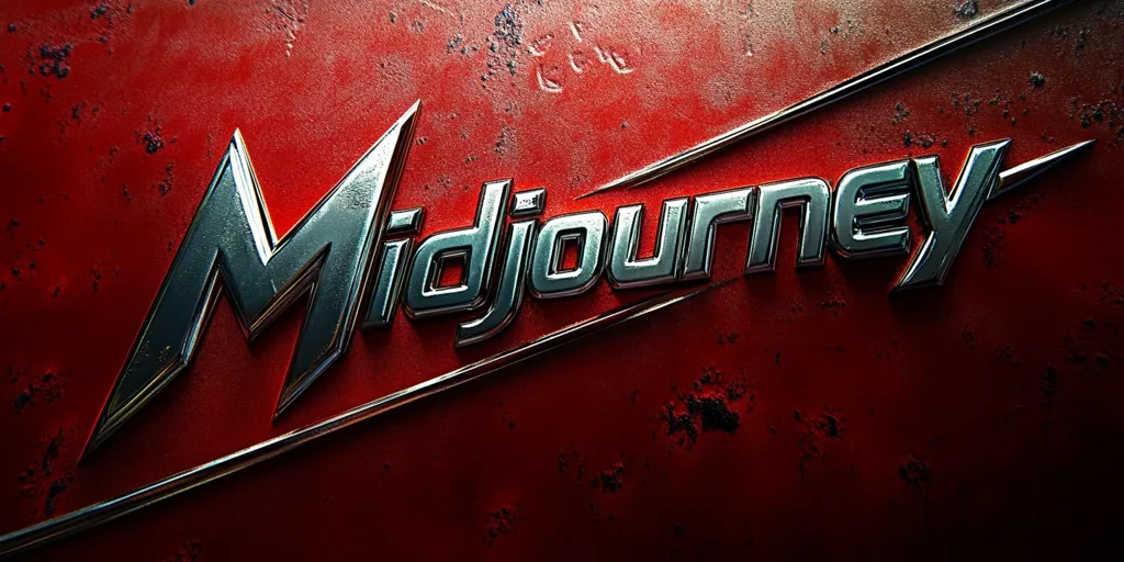 The image showcases the Midjourney logo, rendered in a stylized, metallic font.  The lettering is chrome-like, with sharp angles and a three-dimensional effect, set against a deep red, textured background resembling rusty metal. A diagonal metallic line accentuates the logo, adding to its industrial aesthetic.  The overall impression is one of strength and a slightly gritty, vintage feel.