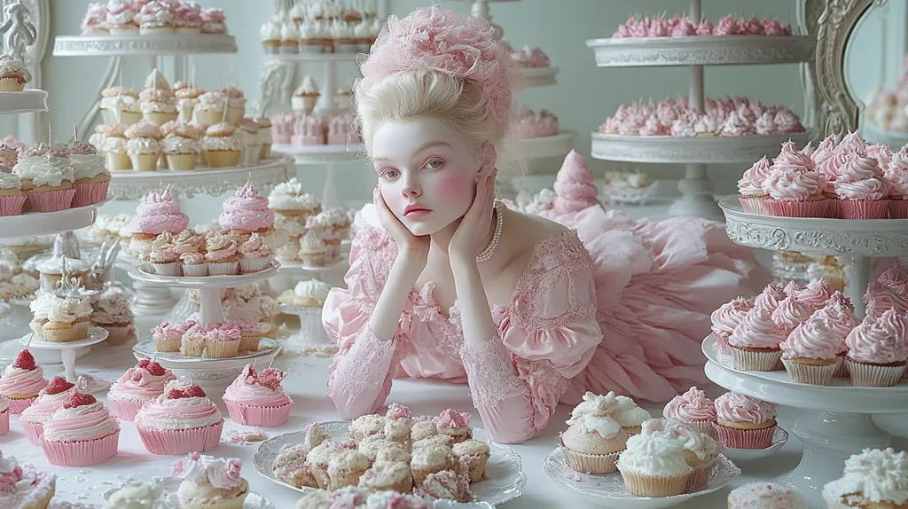 A young woman in a pale pink, antique-style dress reclines amidst a profusion of pink and white cupcakes and pastries.  She rests her chin on her hands, her pale complexion and elaborate blonde updo contrasting with the sugary sweetness surrounding her.  Numerous tiered cake stands overflow with delicate confections, creating a scene of opulent, pastel-toned decadence.  The overall aesthetic is dreamy and reminiscent of a fairytale.