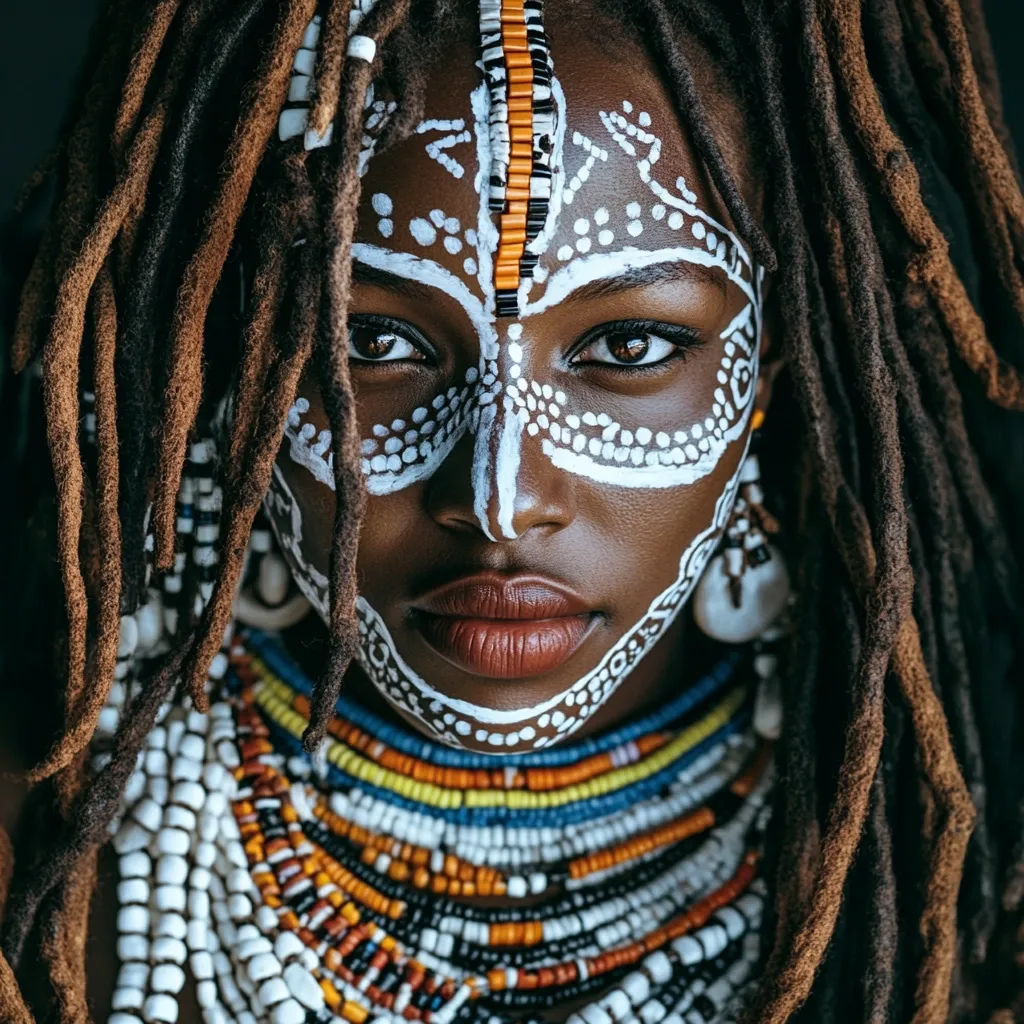 Here's a description of the image:

Close-up portrait of a young Black woman with long, dark dreadlocks. Her face is adorned with intricate white and orange paint, forming a striking geometric pattern.  She wears numerous colorful beaded necklaces of varying lengths and materials, creating a vibrant display around her neck and shoulders. Her gaze is direct and intense, conveying strength and pride. The overall image is rich in texture and color, highlighting the beauty and cultural significance of the adornments.