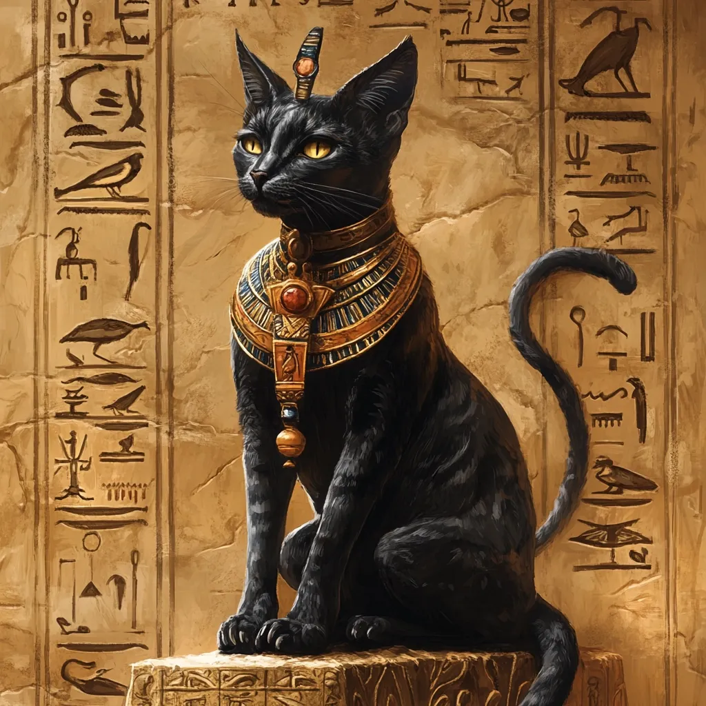 A majestic black cat, adorned with an ornate gold and jewel-encrusted collar, sits regally on a stone block.  Hieroglyphs cover the background walls, emphasizing the ancient Egyptian setting. The cat's piercing yellow eyes and sleek fur are vividly depicted, conveying a sense of power and reverence.  The overall image suggests a deity or symbol of importance within ancient Egyptian culture.  The artwork is highly detailed and realistic in its rendering of both the cat and the hieroglyphs.