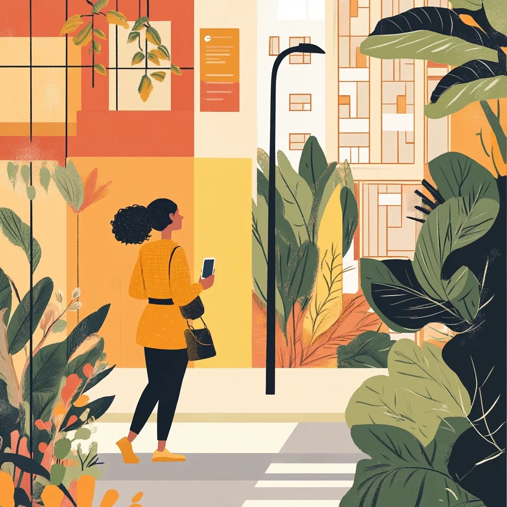 The illustration depicts a woman with dark curly hair, dressed in a mustard yellow jacket and black pants, standing on a city sidewalk.  She holds a phone and carries a black handbag. The background features stylized, vibrant foliage and buildings in warm, earthy tones.  The scene evokes a feeling of calm urban life, emphasizing a blend of nature and architecture. The style is contemporary and graphic, with textured brushstrokes adding depth to the illustration.