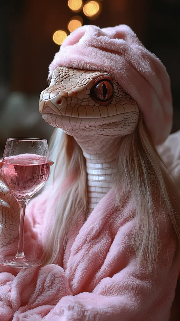 Here's a description of the image:

The image shows a whimsical, artistic rendering of a reptile, possibly a snake or lizard, with a human-like face and long blonde hair.  It's dressed in a fluffy pink bathrobe and matching head wrap. The reptile is seated and holding a glass of pink wine. The background is blurred, but warm-toned bokeh suggests a cozy indoor setting. The overall aesthetic is surreal and slightly humorous. The creature's expression is calm and almost serene.
