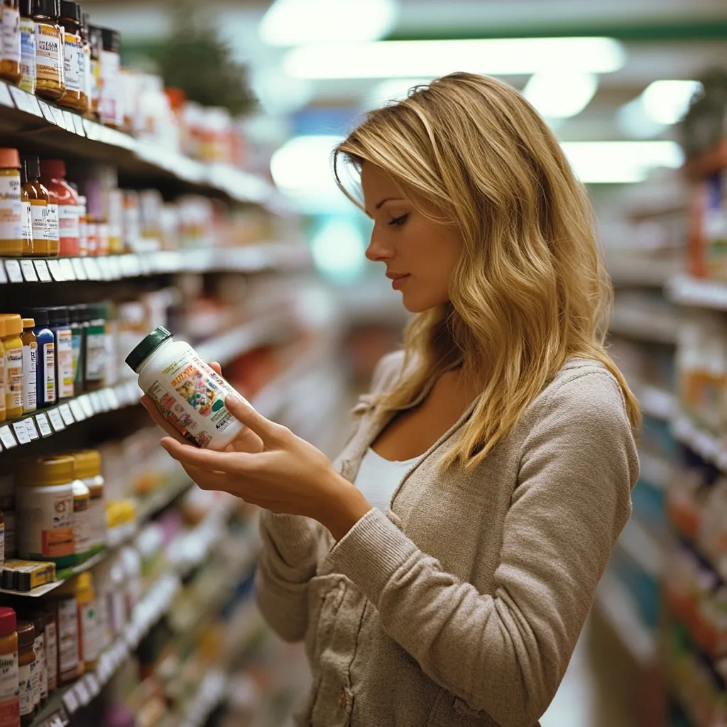 A young woman with long blonde hair browses the shelves of a health food store.  She's carefully examining a bottle of supplements, her attention focused on the label. The store aisles are stocked with various vitamins and other products, creating a blurred background emphasizing the woman and her selection. She's wearing a light beige cardigan, suggesting a casual and relaxed shopping experience. The overall atmosphere is one of calm contemplation and healthy lifestyle choices.