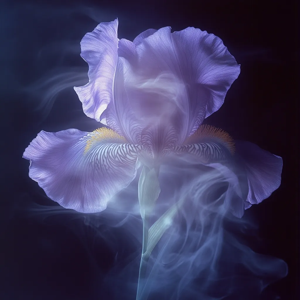 A single, pale purple iris is the focus of this ethereal image.  The flower's delicate petals are intricately detailed, with subtle striations visible.  It's surrounded by a soft, wispy smoke or fog, lending an otherworldly, dreamlike quality to the composition. The dark background accentuates the flower and the smoky haze, enhancing the mysterious and beautiful atmosphere. The lighting is soft and diffused, highlighting the flower's gentle curves and subtle color variations.