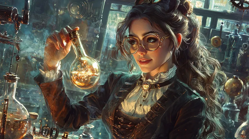 A captivating digital painting depicts a steampunk-inspired young woman, engrossed in her work.  She wears round spectacles, a brown leather jacket over a cream blouse, and a dark choker.  Her long brown hair is pulled back.  She delicately holds a glowing glass bulb, seemingly filled with a luminescent liquid, in a cluttered, dimly lit laboratory filled with various scientific apparatus and glassware. The scene evokes a sense of mystery and scientific discovery within a fantastical setting.