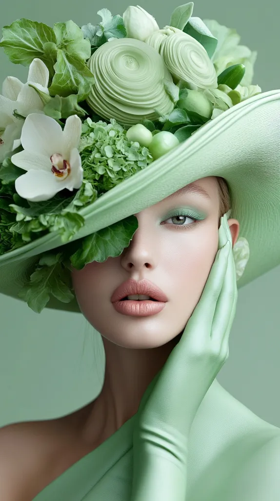 Here is a description of the image:

A woman's face is partially obscured by a wide-brimmed hat adorned with an abundance of pastel green flowers and foliage. The hat, matching the pale green of her gloves and dress, creates a monochromatic palette. Her makeup is subtle, emphasizing her eyes and lips, which are a soft, pinkish nude. The overall aesthetic is one of elegant simplicity, with a strong focus on texture and color coordination. The background is a muted green, complementing the hat's design and the model's attire. The image suggests a spring or summer theme.