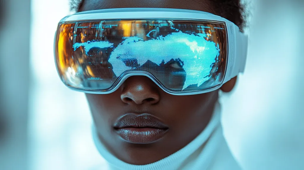 Close-up of a person's face, partially obscured by futuristic eyewear. The glasses display a digitized world map in vibrant blue hues. The individual's dark skin and serious expression create a contrast with the advanced technology.  The image suggests themes of global connectivity, virtual reality, and technological advancement. The overall aesthetic is sleek and modern.