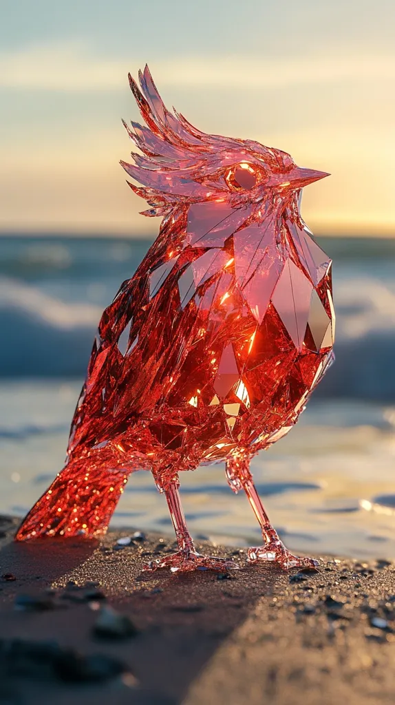 Here's a description of the image:

A breathtakingly detailed, crimson-red glass bird sculpture stands on a sandy beach at sunset.  The bird, rendered with a multifaceted, crystalline texture, catches and refracts the golden light, creating internal glows and sparkling highlights.  Its wings are elegantly spread, and its form is both delicate and strong. The ocean waves softly lap at the shore in the background, enhancing the serene and artistic nature of the scene. The overall effect is one of ethereal beauty and refined craftsmanship.