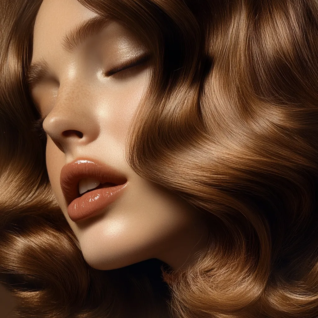 Here's a description of the image:

Close-up view of a woman's face partially obscured by her luxurious, wavy auburn hair. Her eyes are closed, and her makeup is subtly done, emphasizing a natural glow. The focus is on her soft, glowing skin and full lips with a light, nude-toned lipstick.  The hair cascades around her face in soft, voluminous waves, creating a glamorous and sensual mood. The lighting is soft and highlights the texture of both her skin and hair. The overall impression is one of beauty and elegance.