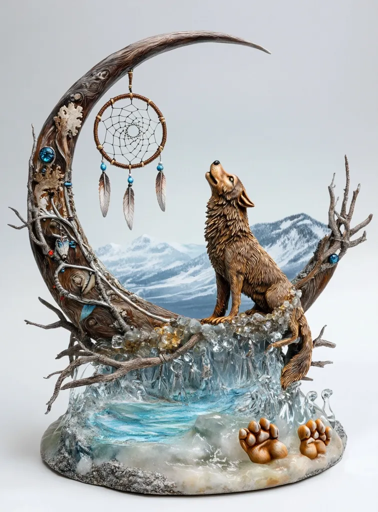 This is a detailed sculpture depicting a wolf howling at a crescent moon.  The moon is intricately carved wood, adorned with a dreamcatcher and various natural elements. The wolf, realistically rendered, sits on a frozen, icy landscape with flowing water at its base.  The base also features wolf paw prints. The overall style evokes a mystical, Native American-inspired scene of nature and spirituality. The background subtly shows a snowy mountain range.