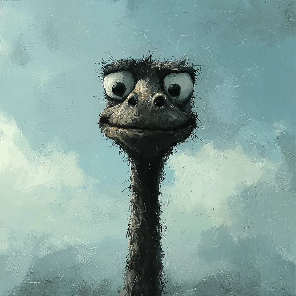 Here's a description of the image:

The artwork is a stylized portrait of an emu's head and neck against a muted blue sky.  The emu is depicted in a cartoonish manner, with large, expressive eyes and a subtly smiling beak.  The impasto style of painting creates a textured effect, giving the emu's feathers and the sky a slightly rough appearance. The colors are soft and muted, dominated by blues and grays, contributing to a calm, whimsical mood.  The overall impression is cheerful and playful.