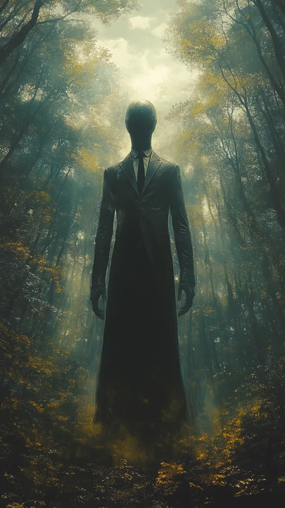 A faceless figure in a dark suit and tie stands in a misty forest.  The figure is tall and imposing, its lack of features adding to its unsettling presence. The forest is dense, with tall trees and muted autumnal colors. A sense of mystery and unease permeates the image, suggesting a supernatural or horror theme. The light is diffused, highlighting the figure against the shadowy background.  The overall mood is dark and atmospheric.